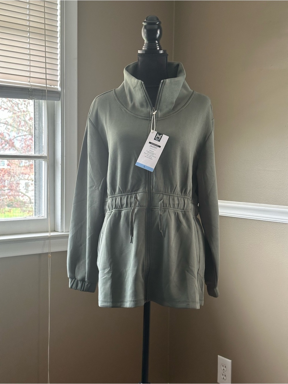 High-Neck Olive Utility Zip Jacket with Drawstring Waist
